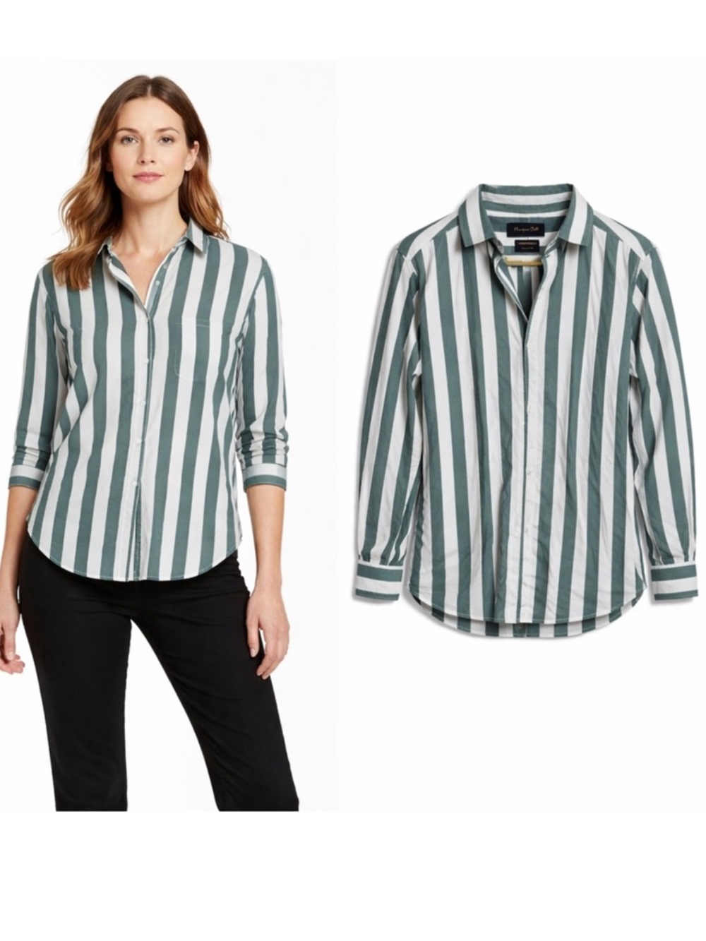 Massimo Dutti Womens Green White Striped Cotton Button Down Shirt Size M